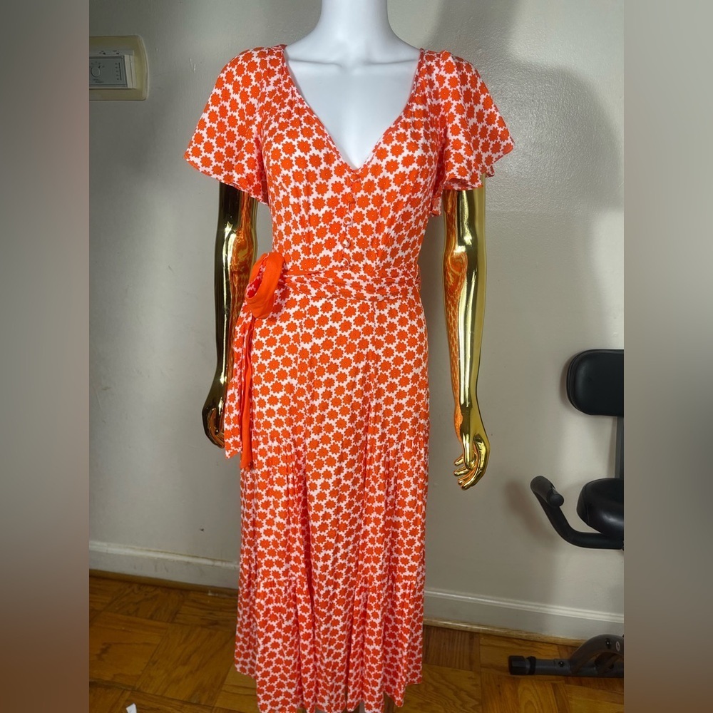 Diane Von Furstenberg Leila daisy V neck Orange Crepe Midi Dress size 6 - Picture 2 of 6